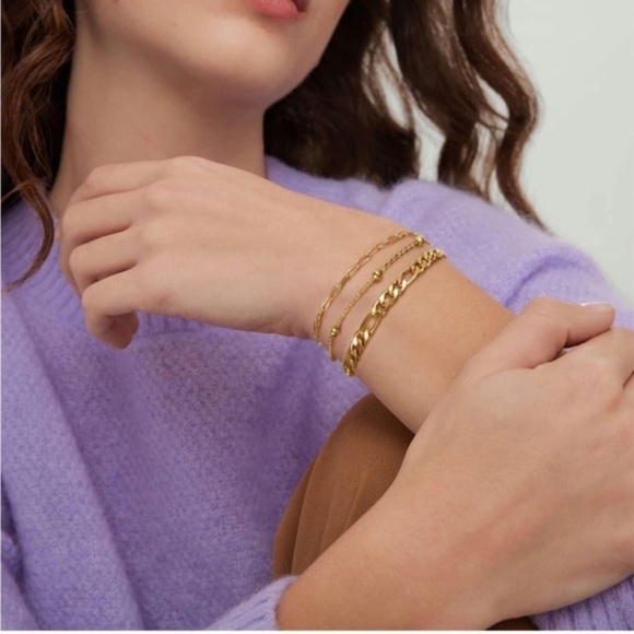 Gold 14k Gold Plated Figaro Chain Layered Bracelet - Picture 1 of 3